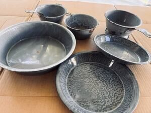 Vintage Gray Swirl Speckled Graniteware Enamelware Pie Pans Colanders Lot 6